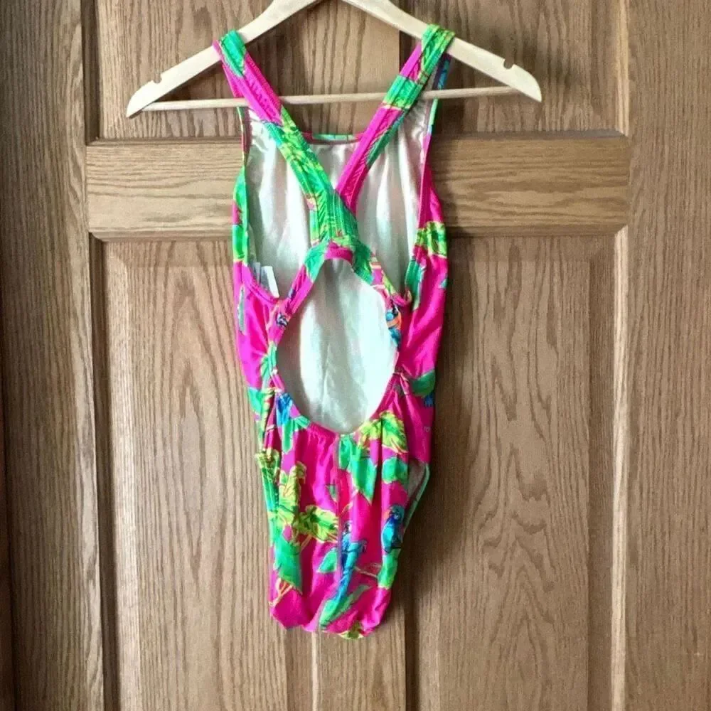 SPEEDO Vintage 80s 90s Neon Pink Tropical Parrot Print Cutout Back Swimsuit *NWO